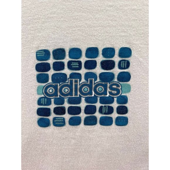 Vintage Adidas Medium White Crop T-Shirt With Blue Logo Graphic & Iconic Brandin - Picture 2 of 9